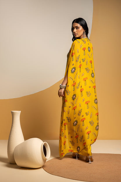 TAARANI EMBELLISHED  DRAPE SKIRT SET WITH LONG CAPE