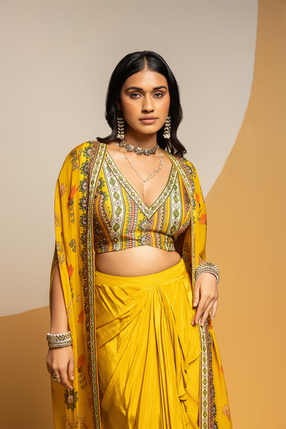 TAARANI EMBELLISHED  DRAPE SKIRT SET WITH LONG CAPE
