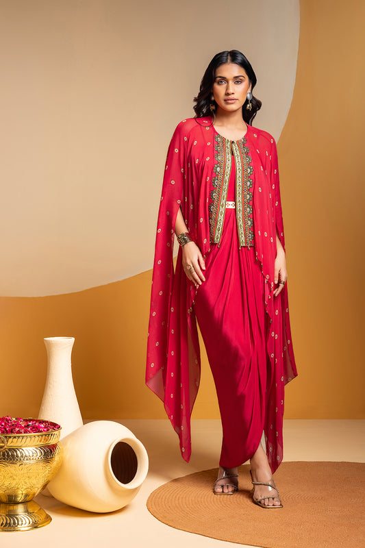 TAARANI DRAPE DRESS WITH EMBROIDERED CAPE