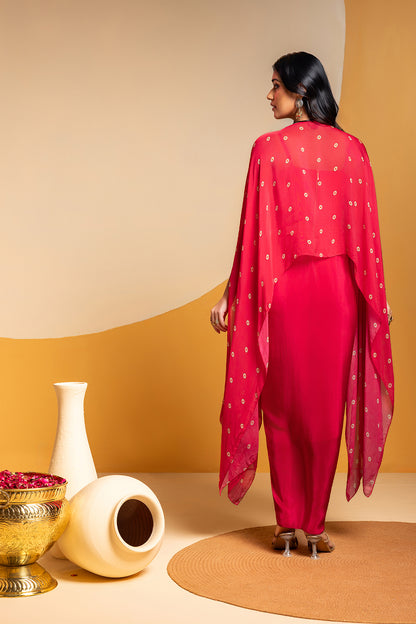 TAARANI DRAPE DRESS WITH EMBROIDERED CAPE