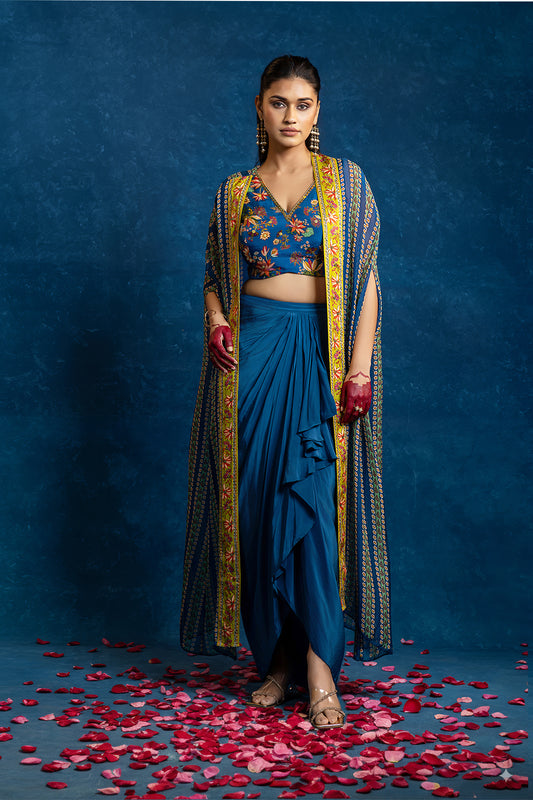 AARANI EMBELLISHED  DRAPE SKIRT  SET WITH LONG CAPE