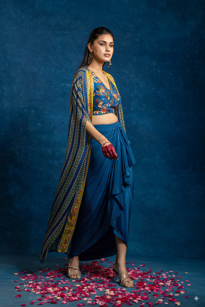 AARANI EMBELLISHED  DRAPE SKIRT  SET WITH LONG CAPE