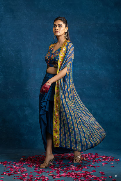 AARANI EMBELLISHED  DRAPE SKIRT  SET WITH LONG CAPE