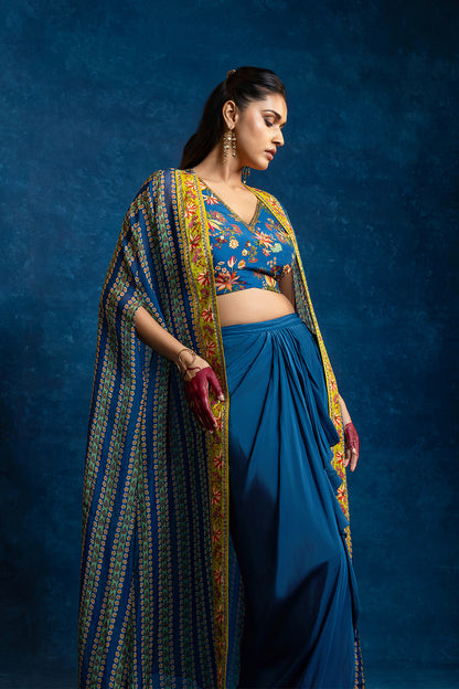 AARANI EMBELLISHED  DRAPE SKIRT  SET WITH LONG CAPE