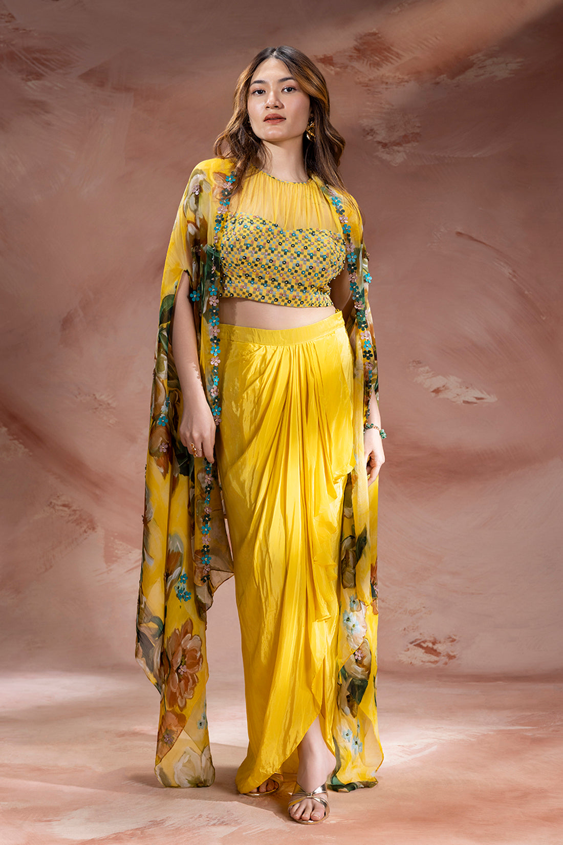 ZEYA EMBELLISHED DRAPE SKIRT SET WITH CAPE