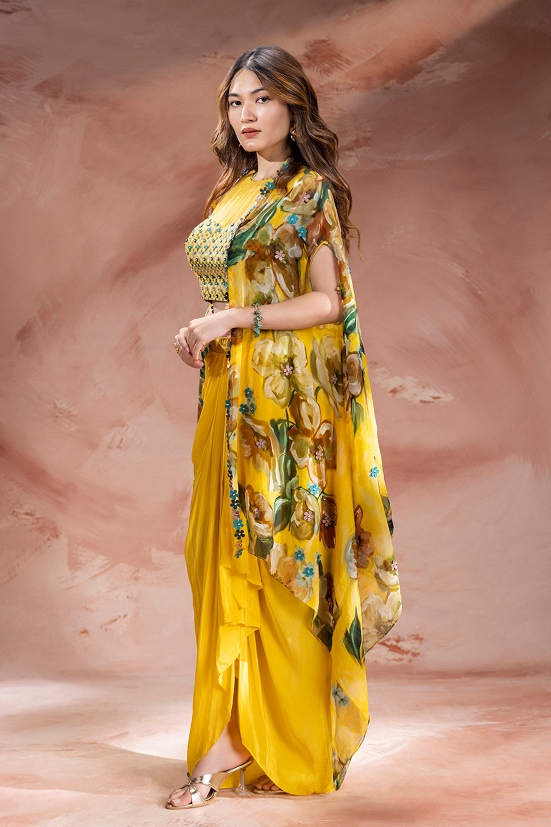 ZEYA EMBELLISHED DRAPE SKIRT SET WITH CAPE