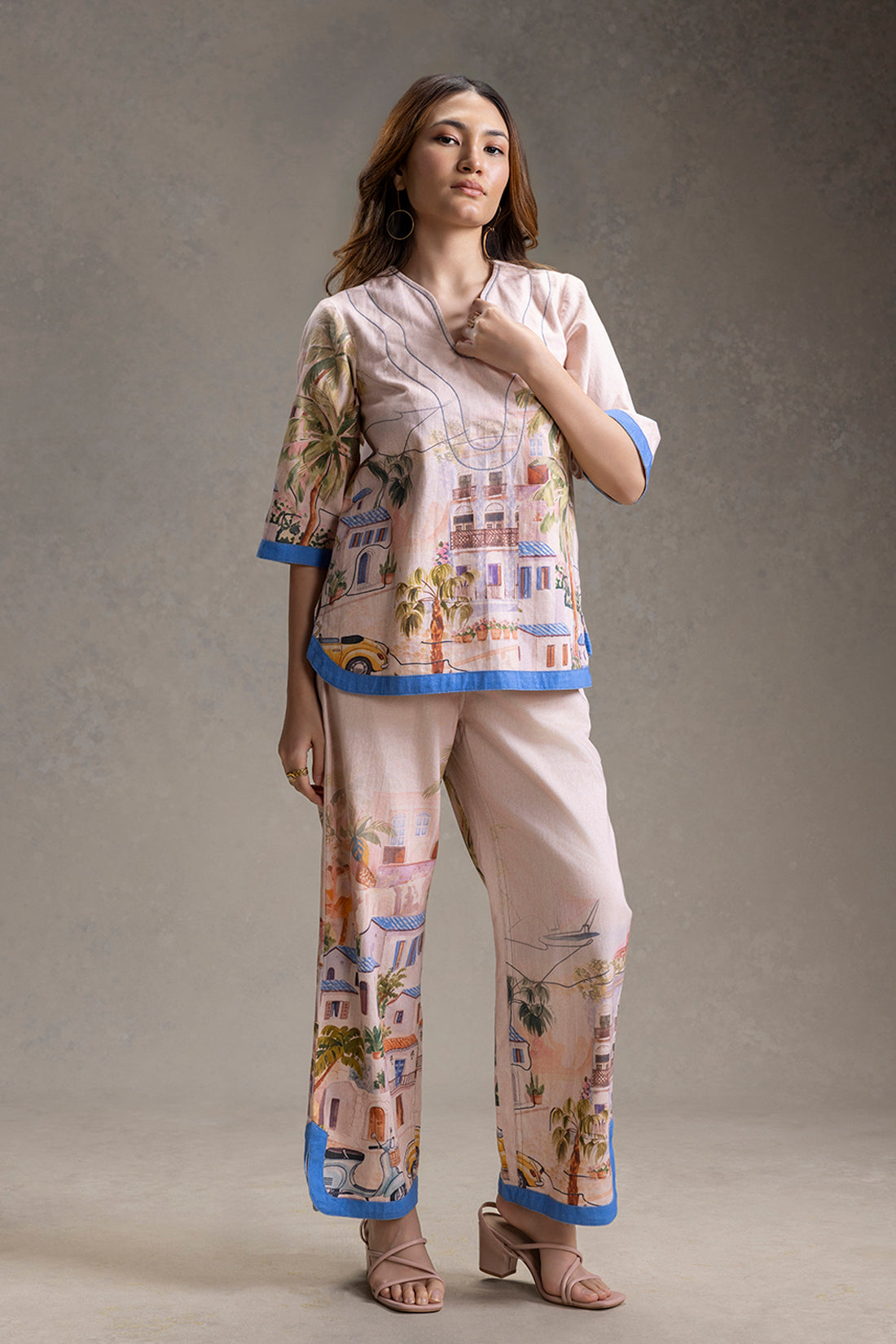 REVIERA PRINTED NECK-DETAIL TOP AND PANTS