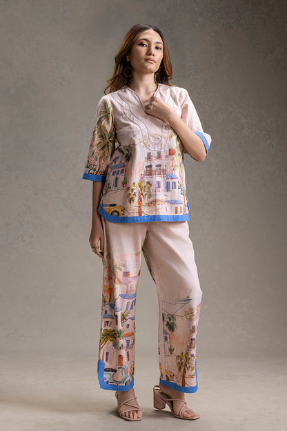 REVIERA PRINTED NECK-DETAIL TOP AND PANTS