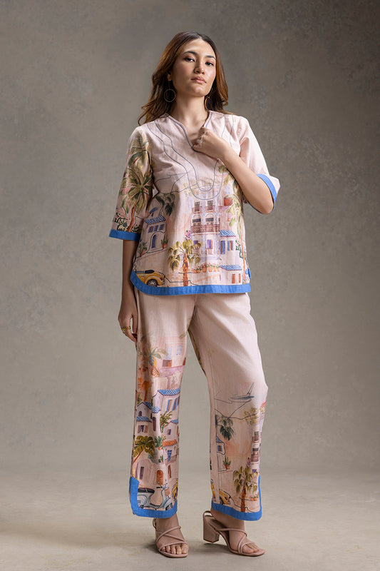 REVIERA PRINTED NECK-DETAIL TOP AND PANTS