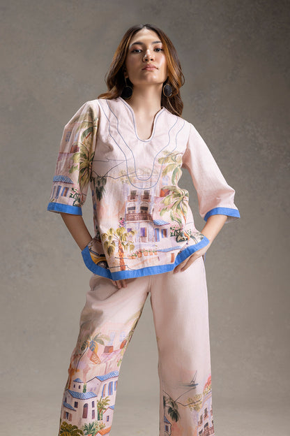 REVIERA PRINTED NECK-DETAIL TOP AND PANTS