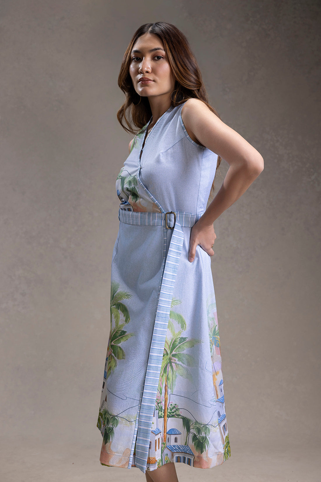 REVIERA PRINTED OVERLAP A-LINE DRESS