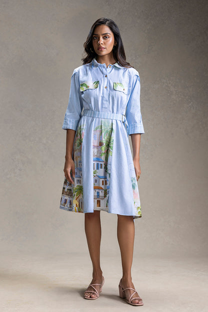 REVIERA PRINTED PANELED FLARED DRESS