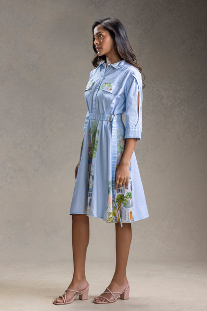 REVIERA PRINTED PANELED FLARED DRESS