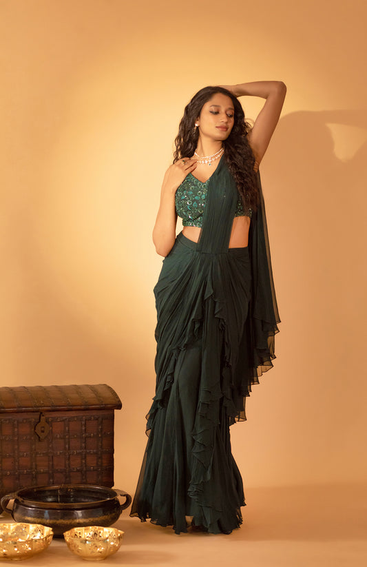 BOTTLE GREEN SAREE SET