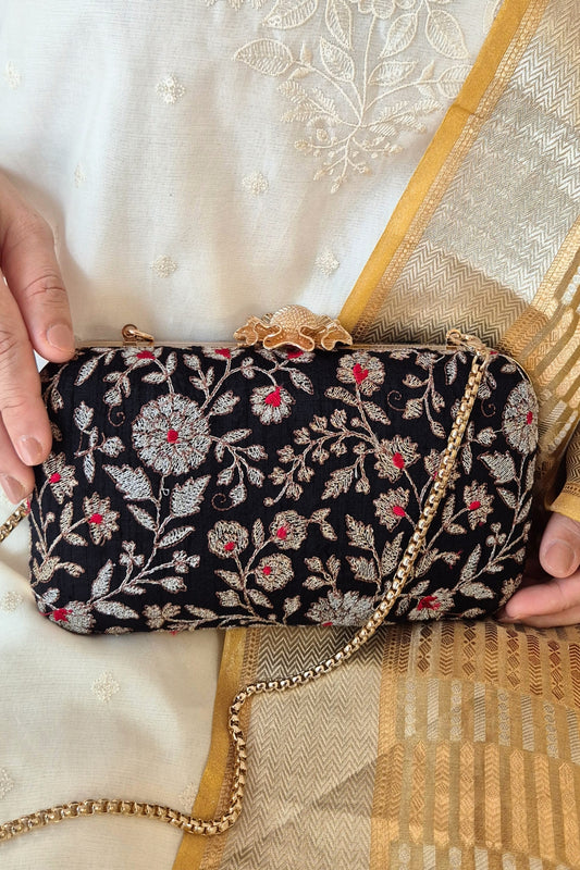 SAAZ EMBROIDERED CLUTCH - BLACK