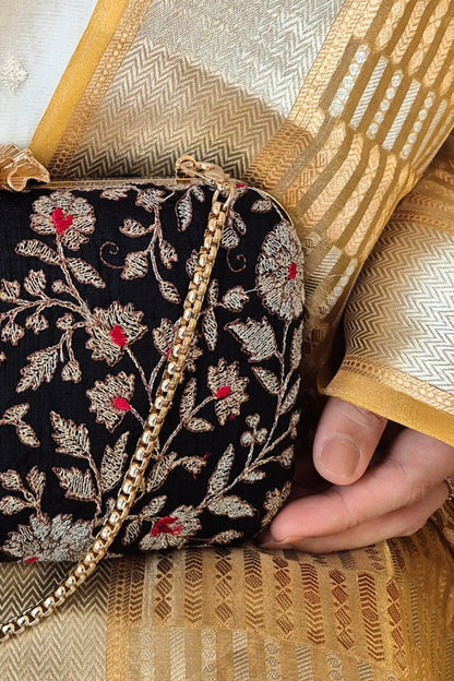 SAAZ EMBROIDERED CLUTCH - BLACK