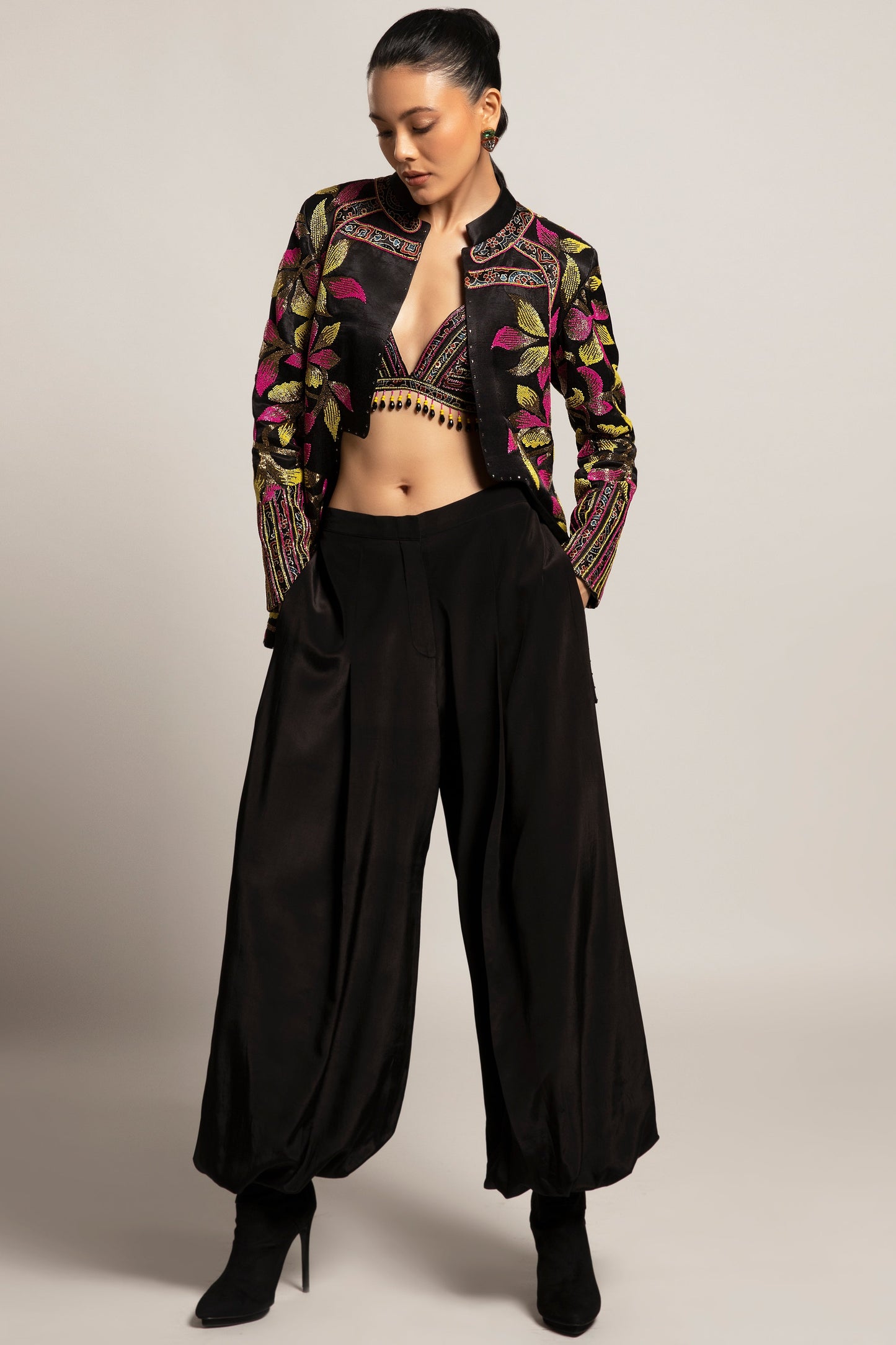 BLACK  GAJJI SILK LEAF EMBELLISHED PANT SET