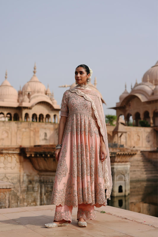 MAHROSH - PINK KALIDAAR ANARKALI SET WITH PALAZZO & DUPATTA
