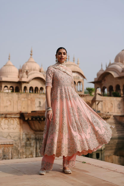 MAHROSH - PINK KALIDAAR ANARKALI SET WITH PALAZZO & DUPATTA