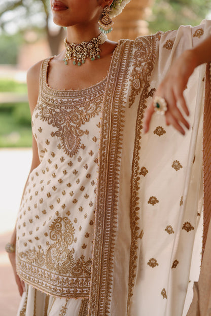 SHABNAM - DAISY IVORY KURTA SET WITH SHARARA & DUPATTA