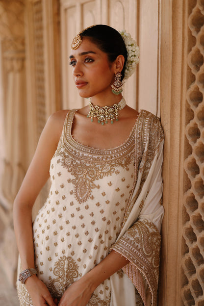 SHABNAM - DAISY IVORY KURTA SET WITH SHARARA & DUPATTA