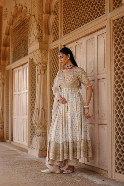 NAFEES  - DAISY IVORY KALIDAAR ANARKALI SET WITH PALAZZO & DUPATTA