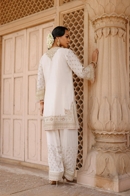 ANSHA - DAISY IVORY SHORT KURTA SET WITH SALWAR & DUPATTA