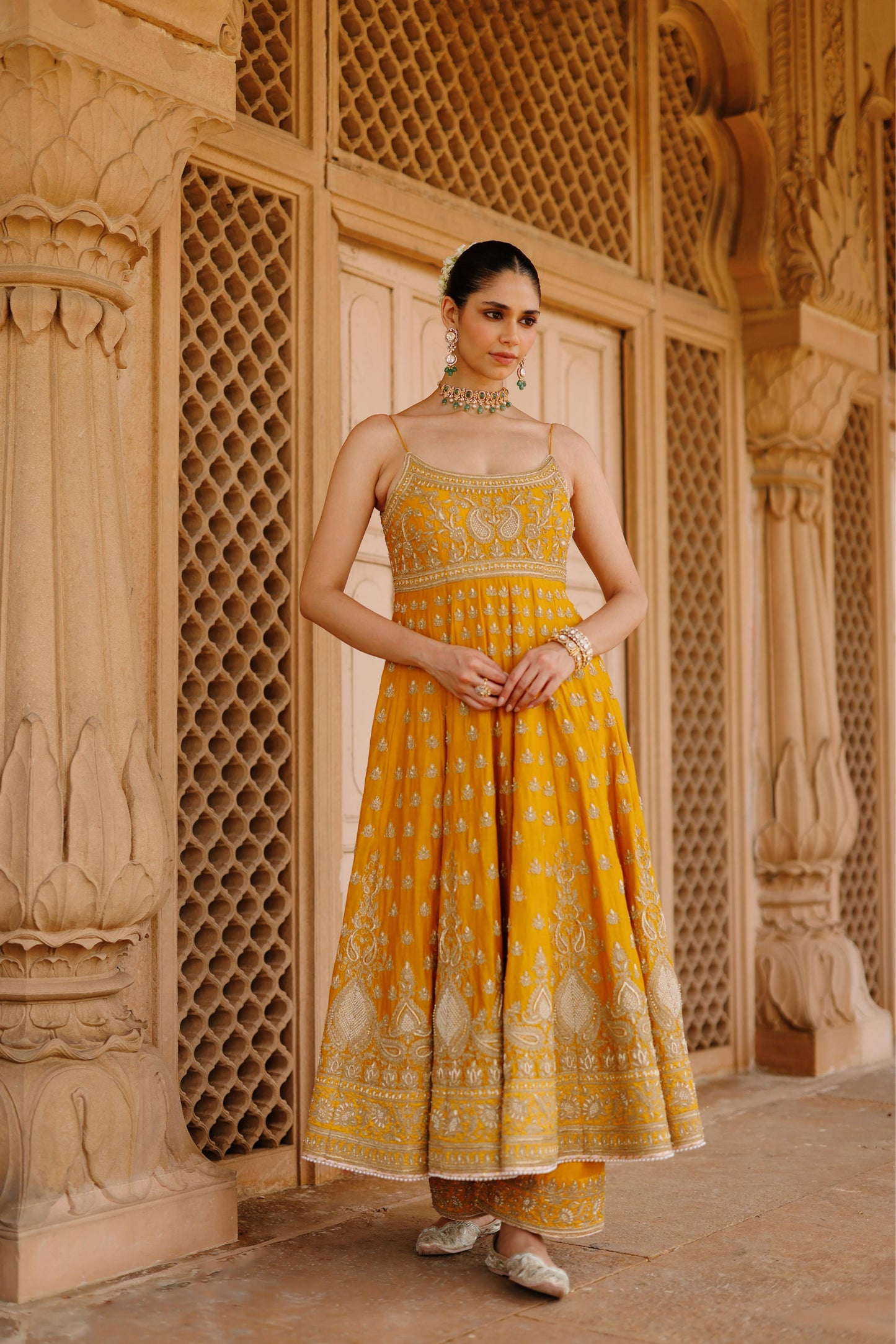 AFRAA - MUSTARD ANARKALI SET WITH PALAZZO & DUPATTA