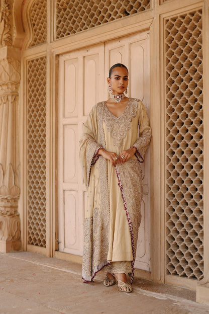 ROOH – GOLD TISSUE LONG KALIDAAR ANARKALI SET WITH PALAZZO & DUPATTA