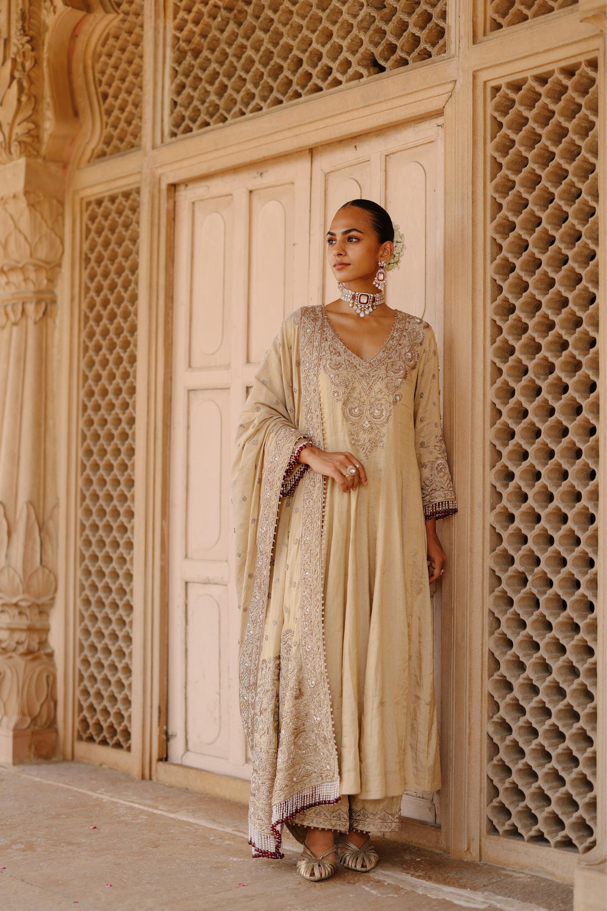 ROOH – GOLD TISSUE LONG KALIDAAR ANARKALI SET WITH PALAZZO & DUPATTA