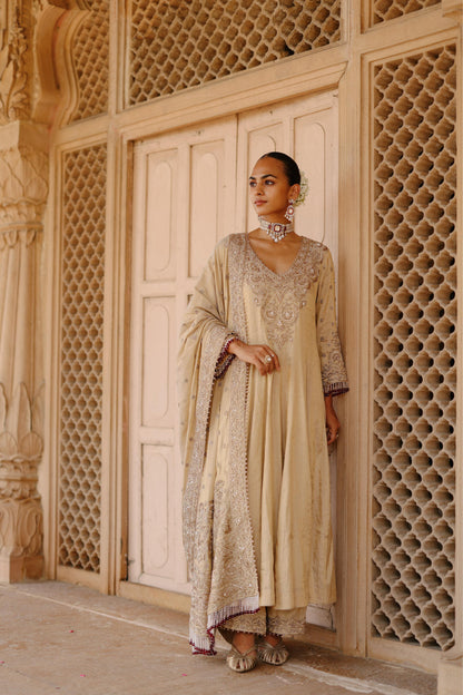 ROOH – GOLD TISSUE LONG KALIDAAR ANARKALI SET WITH PALAZZO & DUPATTA