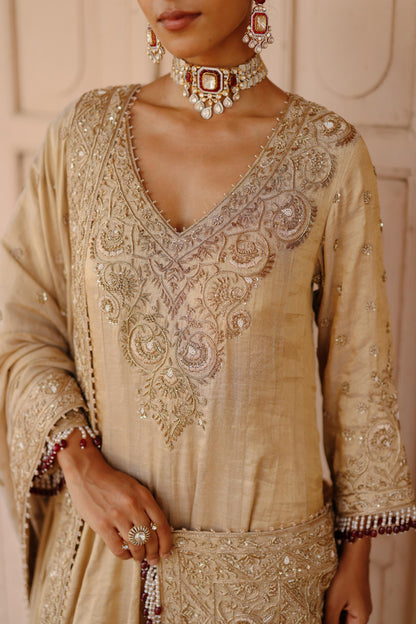 ROOH – GOLD TISSUE LONG KALIDAAR ANARKALI SET WITH PALAZZO & DUPATTA