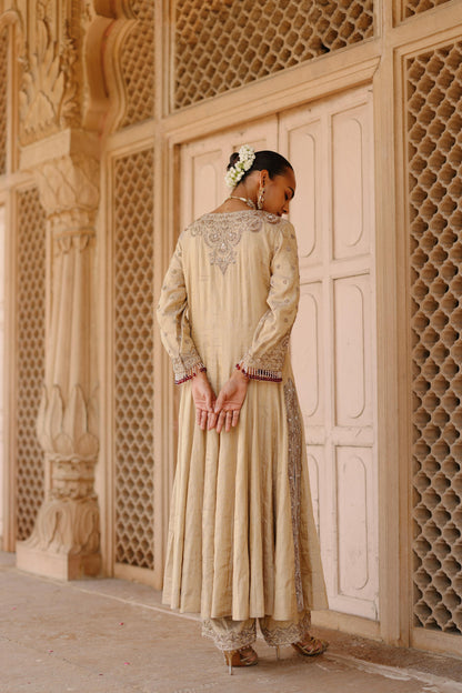 ROOH – GOLD TISSUE LONG KALIDAAR ANARKALI SET WITH PALAZZO & DUPATTA