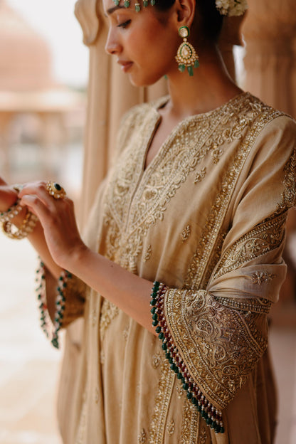 NAZAARA - GOLD TISSUE LONG KALIDAAR CHAUGA SET WITH PALAZZO & DUPATTA