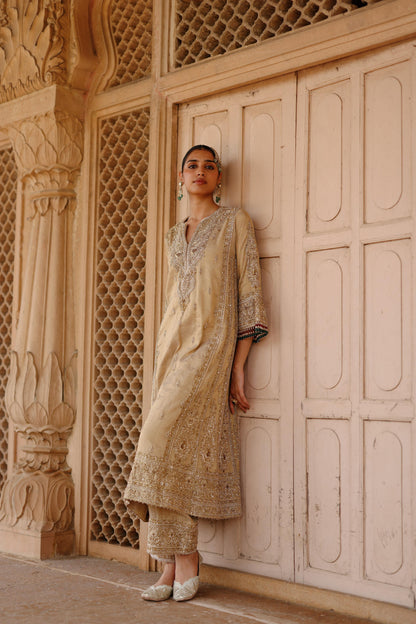 NAZAARA - GOLD TISSUE LONG KALIDAAR CHAUGA SET WITH PALAZZO & DUPATTA