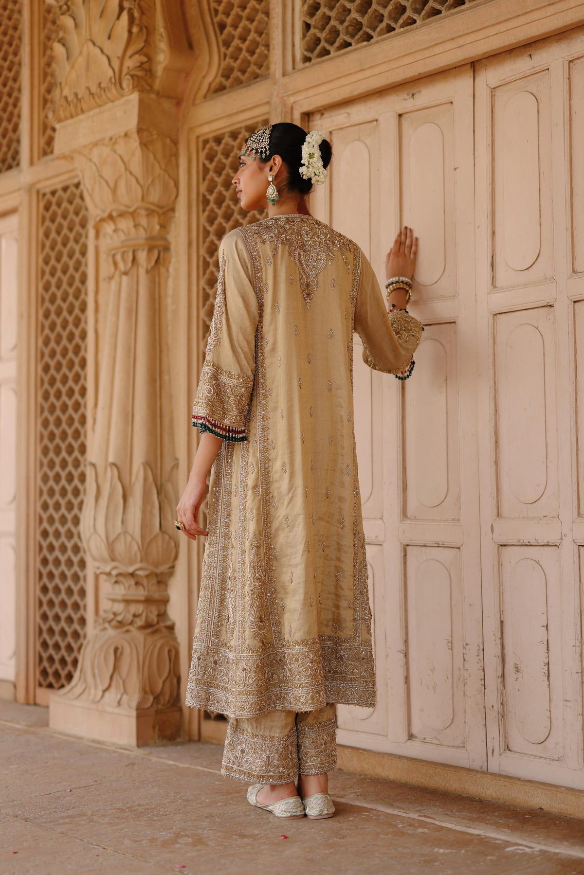 NAZAARA - GOLD TISSUE LONG KALIDAAR CHAUGA SET WITH PALAZZO & DUPATTA