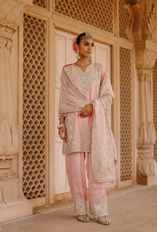 ELAYA - PINK SHORT KURTA SET WITH MATCHING SALWAR & DUPATTA