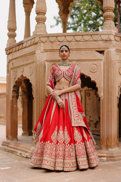 MAHROZ - DEEP RED LEHENGA SET WITH BLOUSE & DUPATTA
