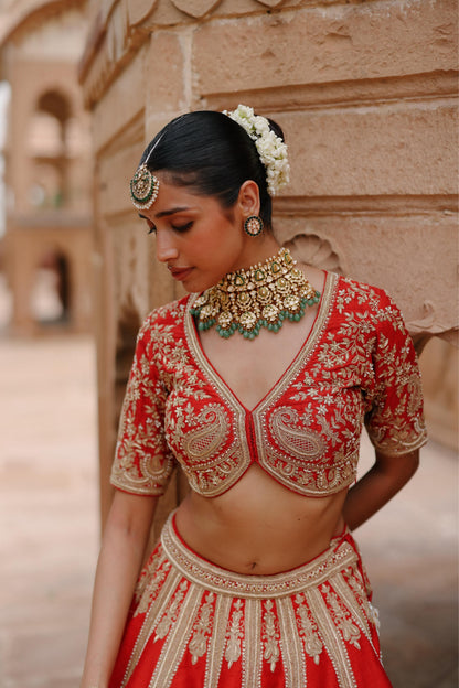 MAHROZ - DEEP RED LEHENGA SET WITH BLOUSE & DUPATTA