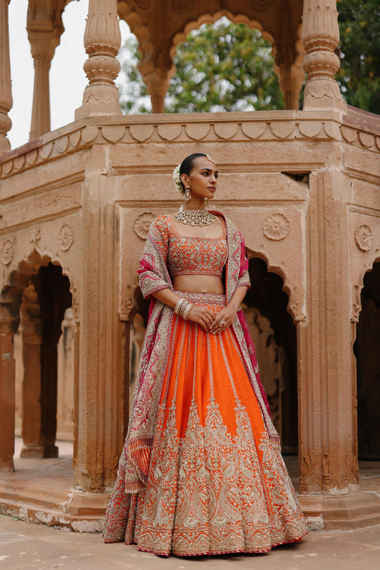 NAGMA  - ORANGE LEHENGA SET WITH BLOUSE & HOT PINK DUPATTA