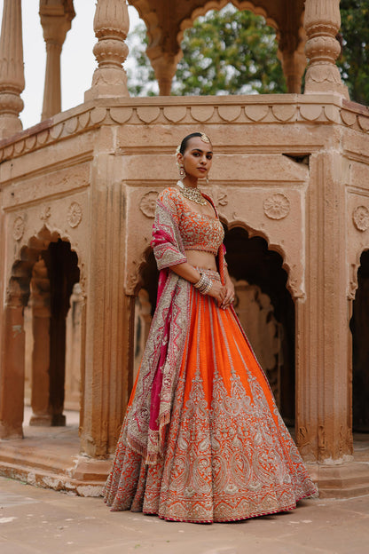 NAGMA  - ORANGE LEHENGA SET WITH BLOUSE & HOT PINK DUPATTA
