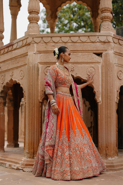 NAGMA  - ORANGE LEHENGA SET WITH BLOUSE & HOT PINK DUPATTA