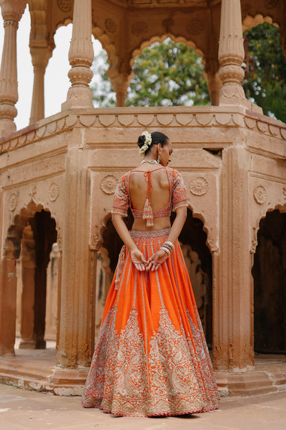 NAGMA  - ORANGE LEHENGA SET WITH BLOUSE & HOT PINK DUPATTA