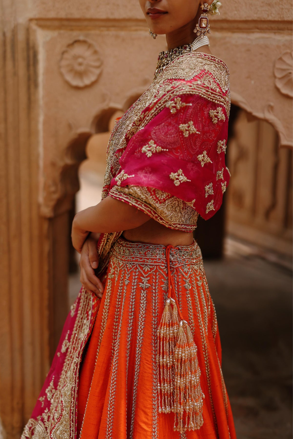 NAGMA  - ORANGE LEHENGA SET WITH BLOUSE & HOT PINK DUPATTA