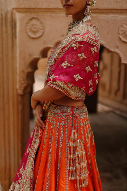 NAGMA  - ORANGE LEHENGA SET WITH BLOUSE & HOT PINK DUPATTA