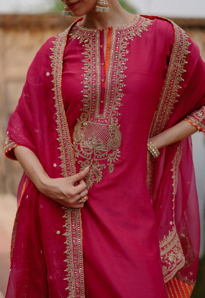 ARWA - HOT PINK LONG KURTA SET WITH SALWAR & DUPATTA