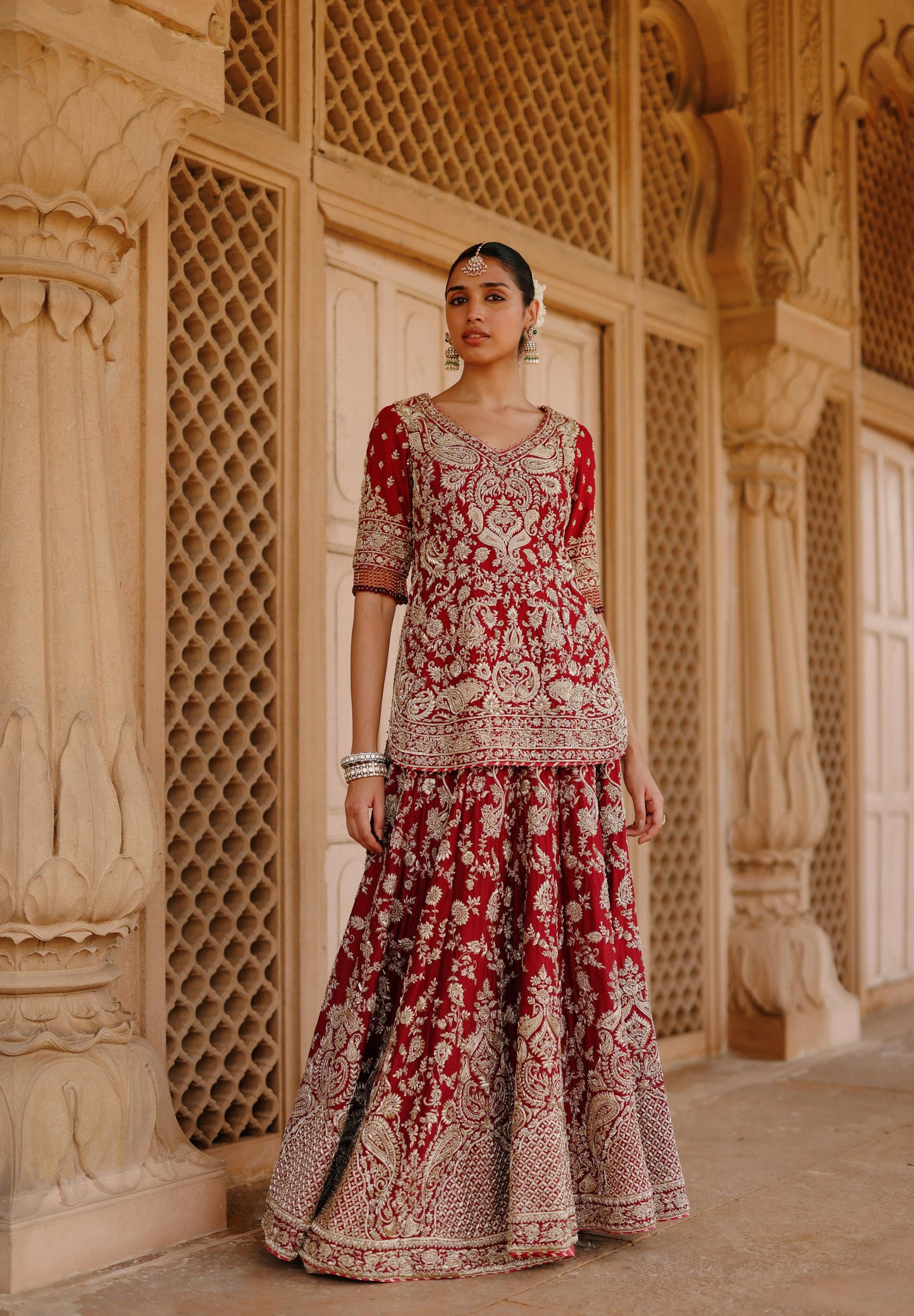 MERAB - DEEP RED KURTA SET WITH LEHENGA & DUPATTA