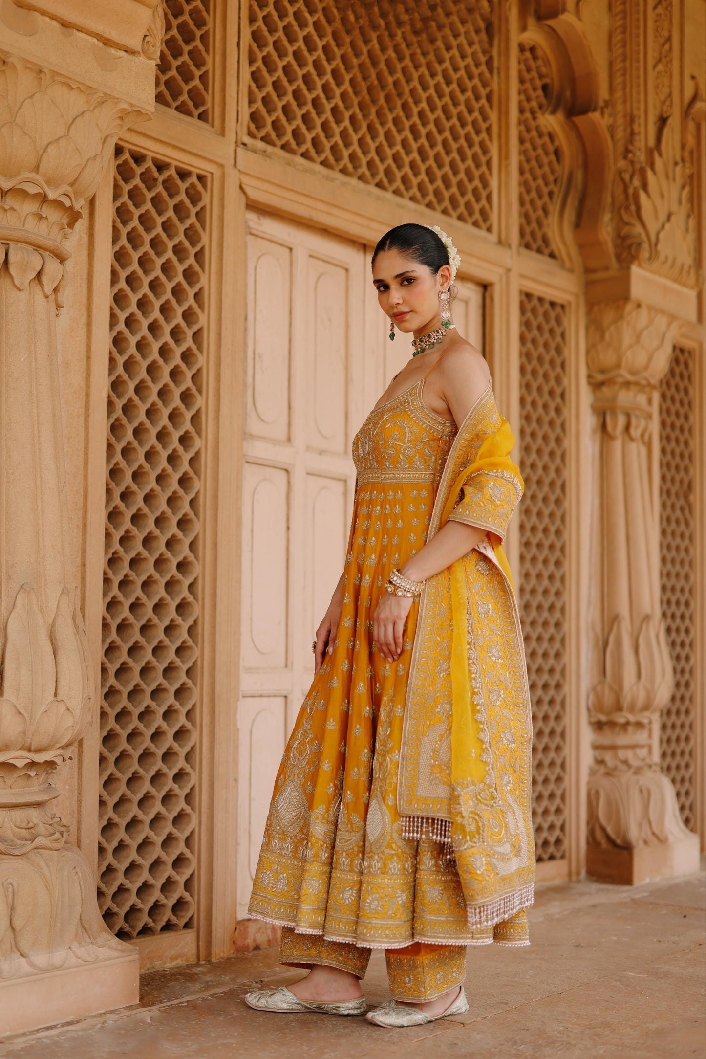 AFRAA - MUSTARD ANARKALI SET WITH PALAZZO & DUPATTA