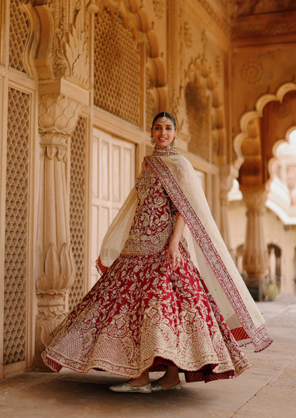 MERAB - DEEP RED KURTA SET WITH LEHENGA & DUPATTA
