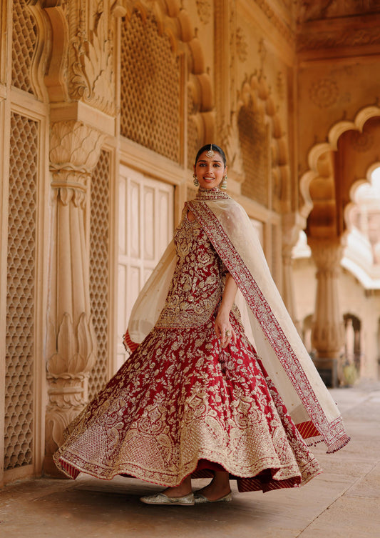 MERAB - DEEP RED KURTA SET WITH LEHENGA & DUPATTA